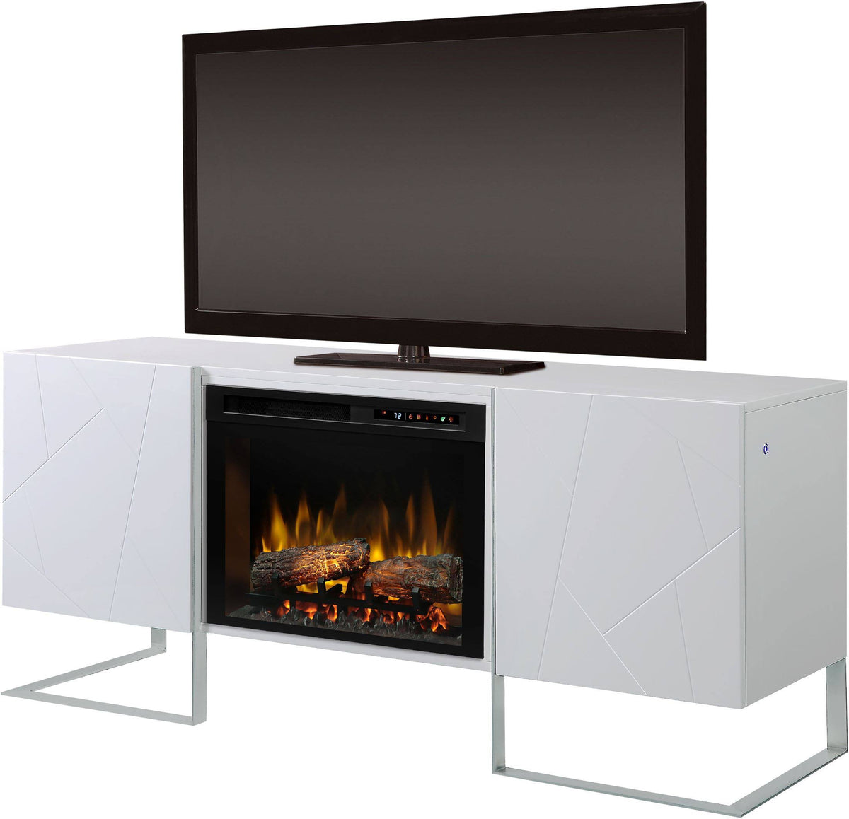 Gloss White Media Console Fireplace with Logs G809