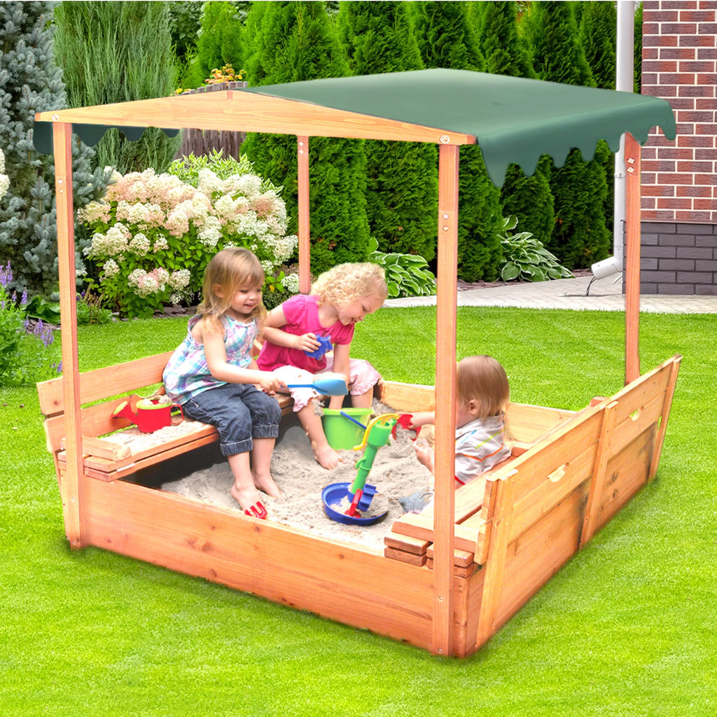 Covered Convertible Cedar Sandbox with Canopy and Two Bench Seats P3574