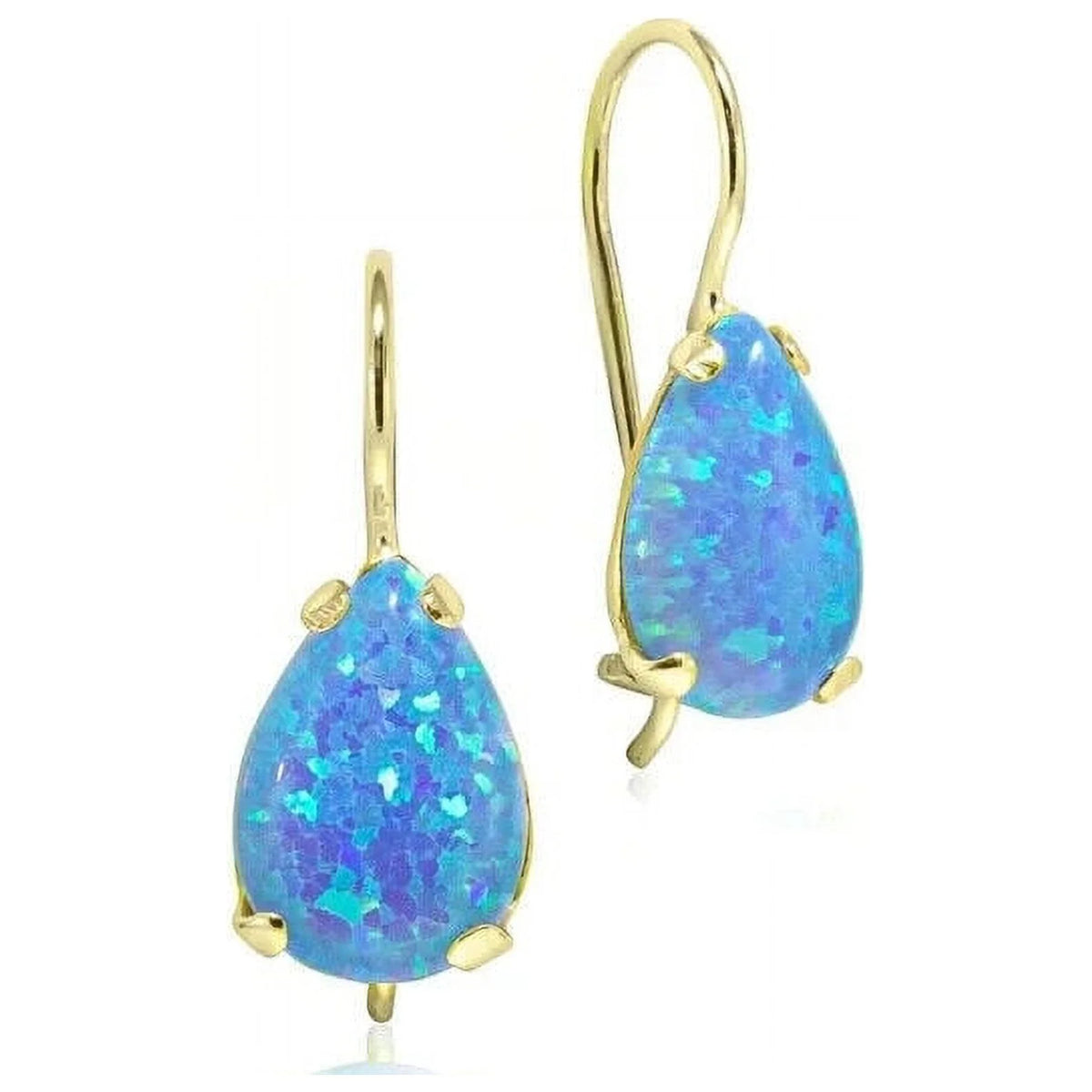 14K Yellow Gold Pear Cut Blue Opal Gemstone Teardrop Earrings C683
