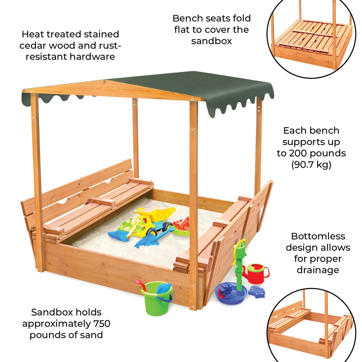 Covered Convertible Cedar Sandbox with Canopy and Two Bench Seats P3574