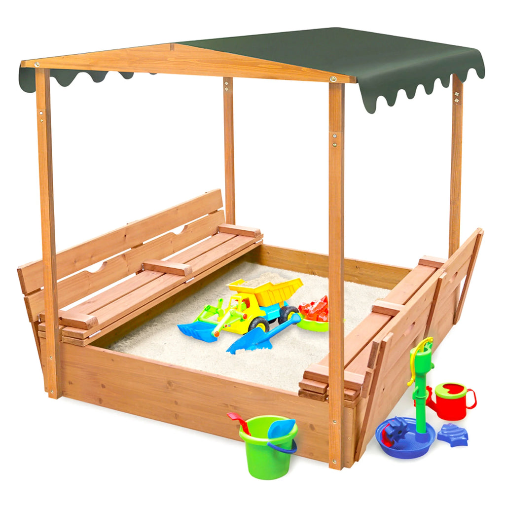 Covered Convertible Cedar Sandbox with Canopy and Two Bench Seats P3574
