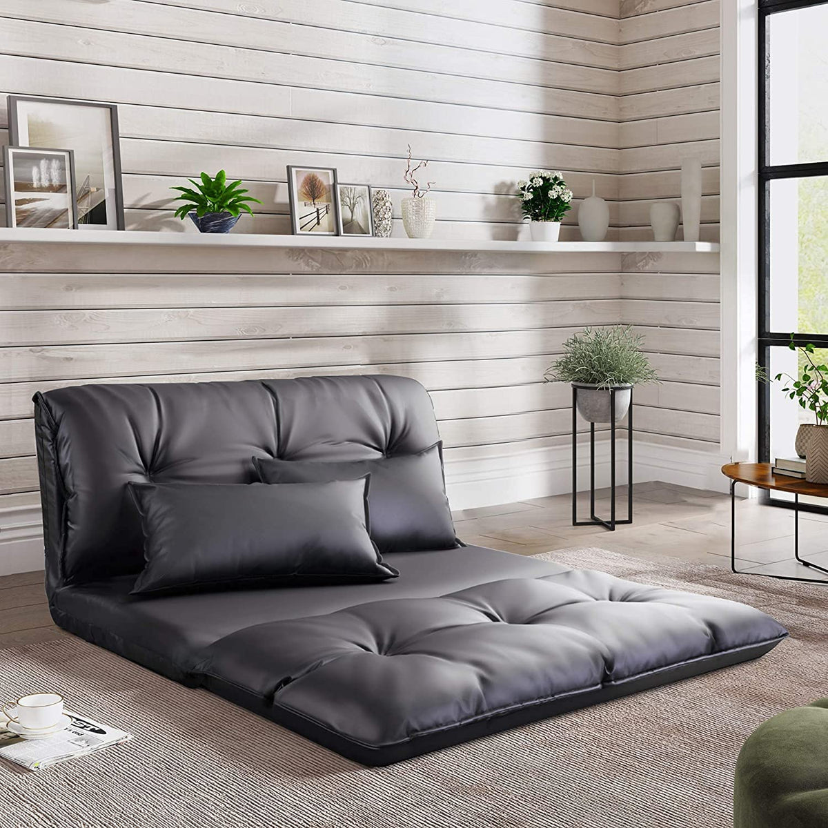 Adjustable Floor Sofa Bed with 2 Pillows, 5 Reclining Position, Black E8842