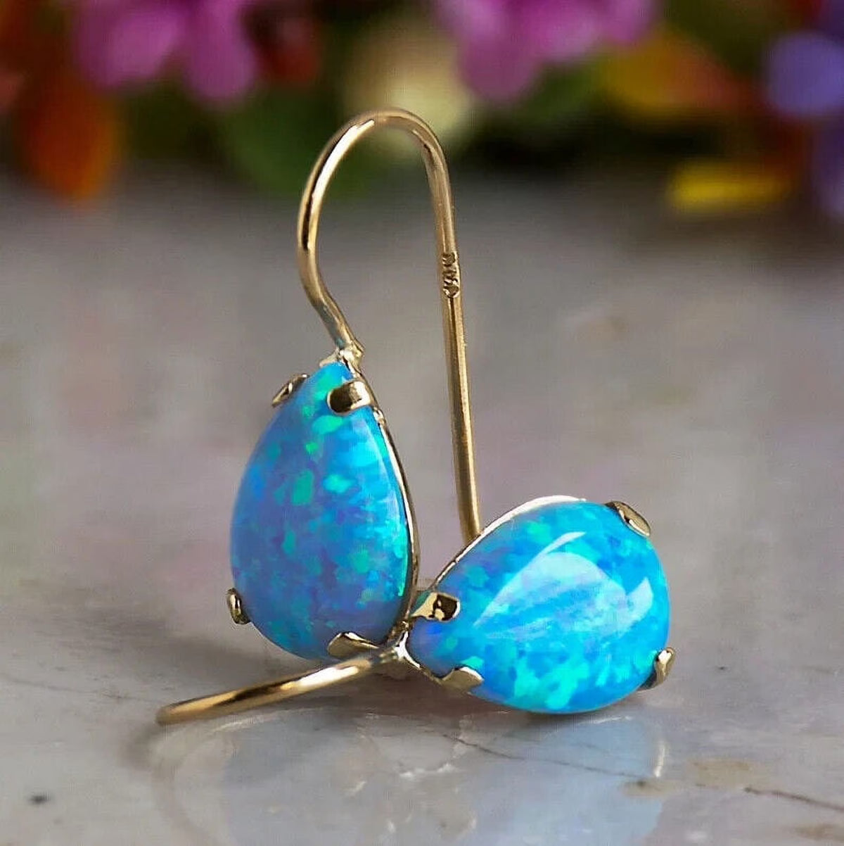 14K Yellow Gold Pear Cut Blue Opal Gemstone Teardrop Earrings C683
