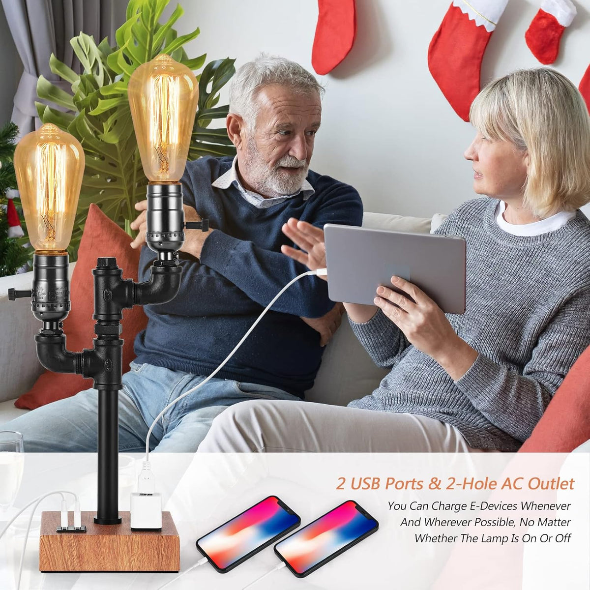 Industrial Table Lamp with 2 USB Ports AC Outlet Wood Base K17806