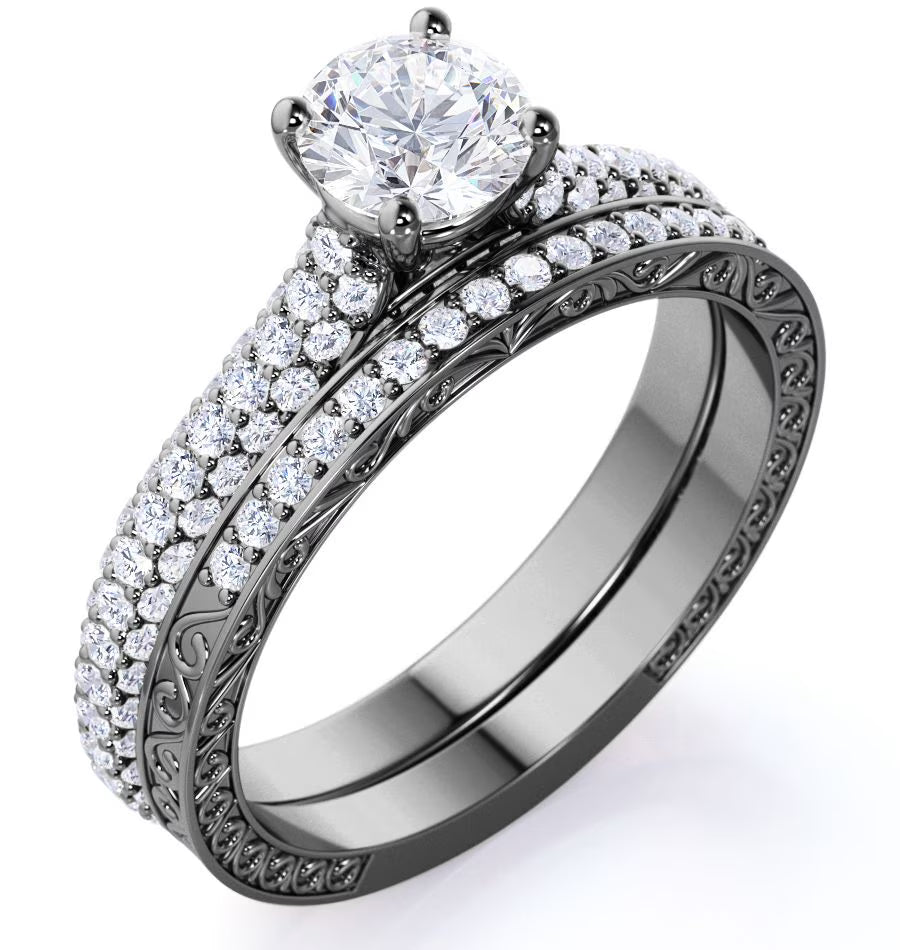 10K Black Gold Vintage Gothic Wedding Ring Set S958753