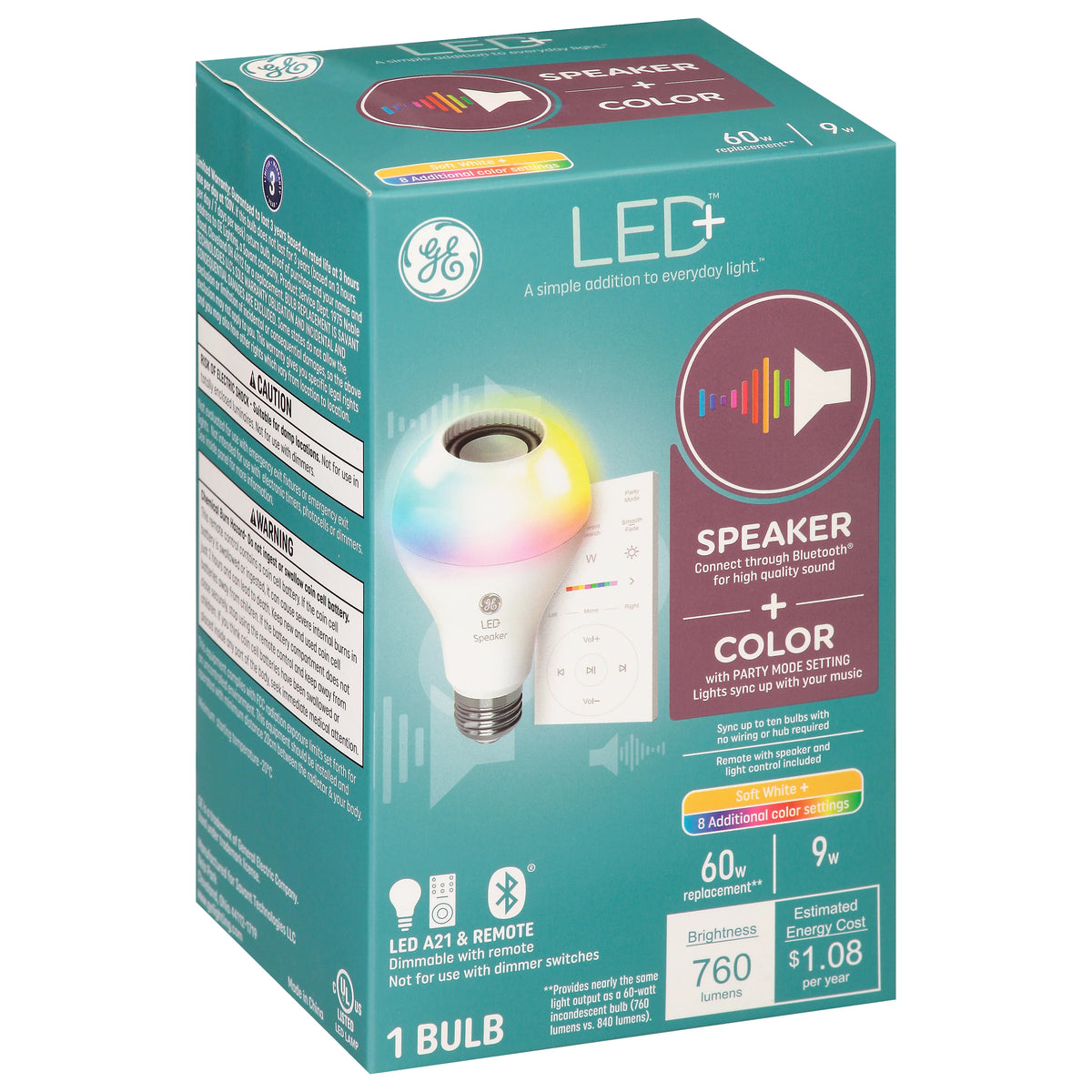 LED+ Speaker Light Bulb with Remote, Multicolor, A21, 9 Watt C8151
