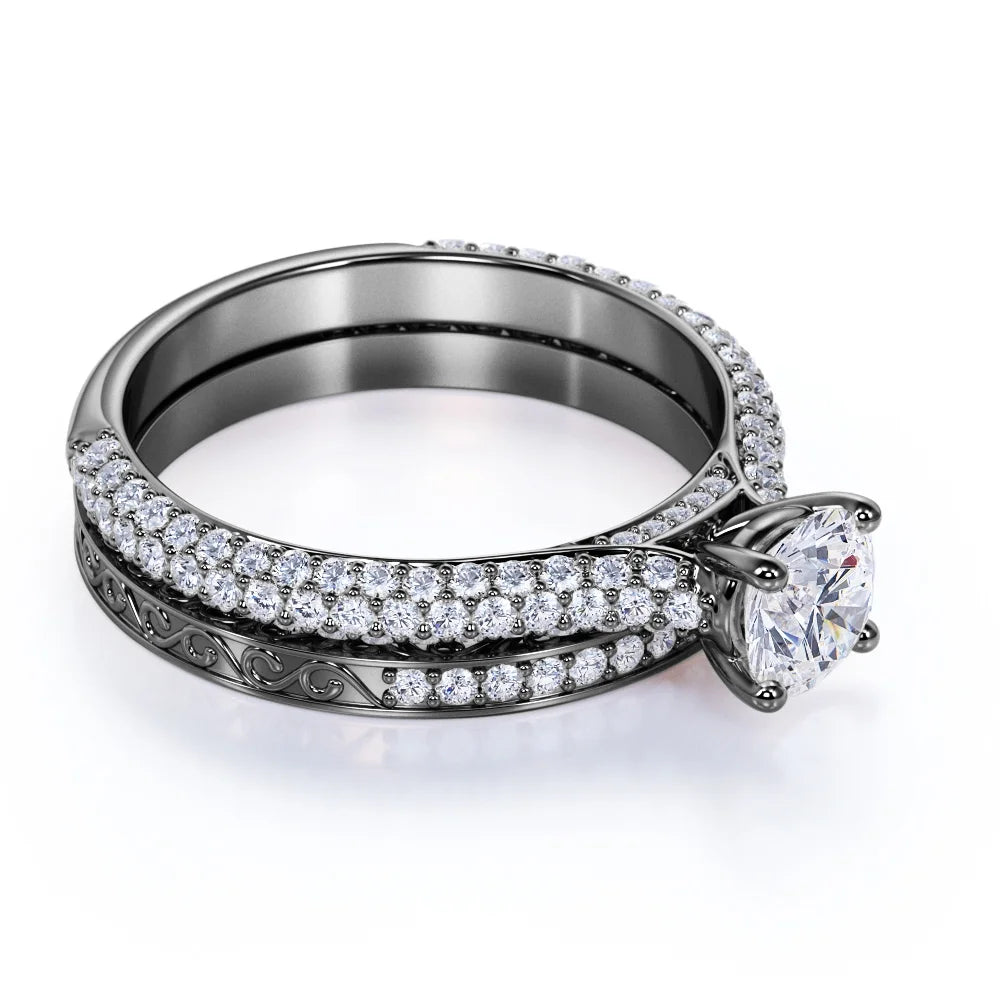 10K Black Gold Vintage Gothic Wedding Ring Set S958753