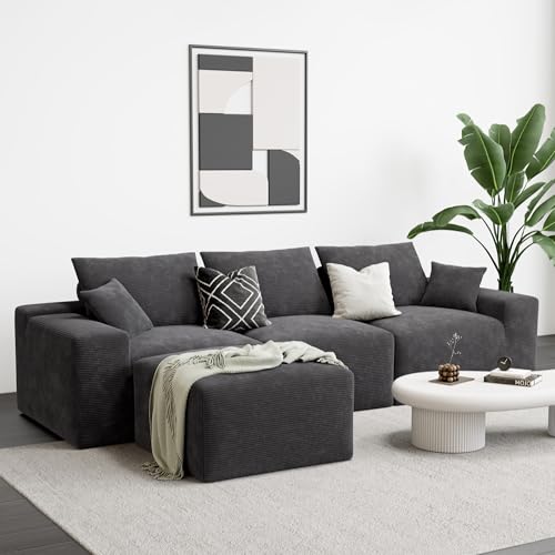 Green Corduroy L-Shaped Modular Sectional Sofa with Ottoman K3611